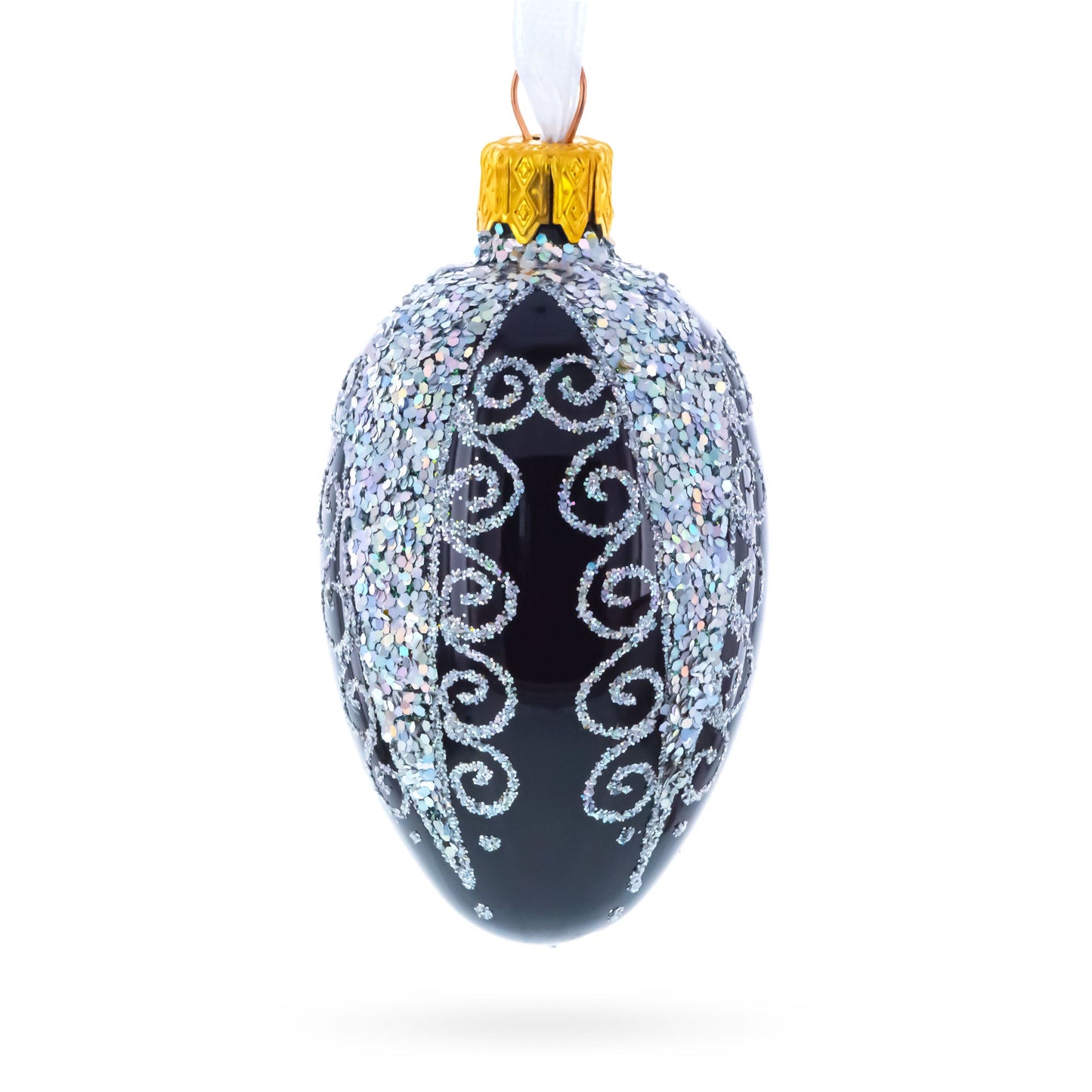 Black with Silver Glitter Swirls and Sequins Mini Glass Egg Ornament 2.9 Inches