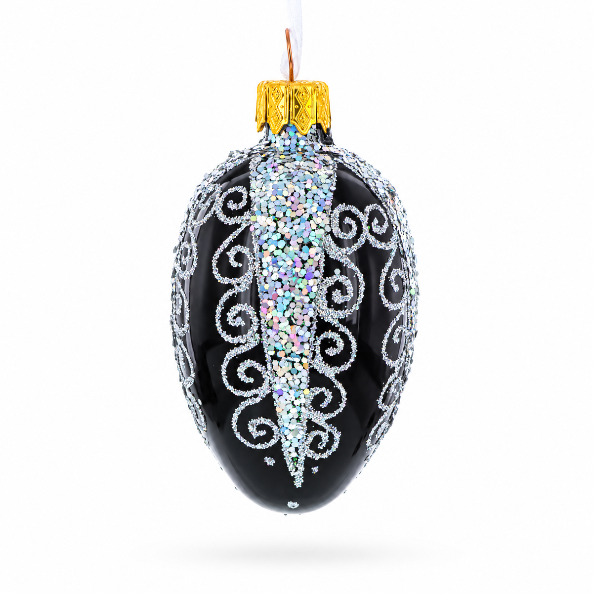 Black with Silver Glitter Swirls and Sequins Mini Glass Egg Ornament 2.9 Inches