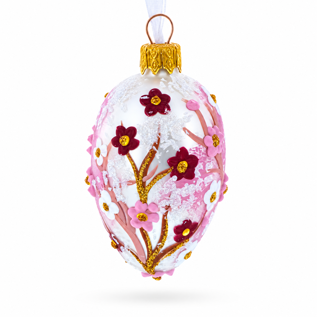 Pearl White with Pink Blossom Tree Design Mini Glass Egg Ornament 2.9 Inches