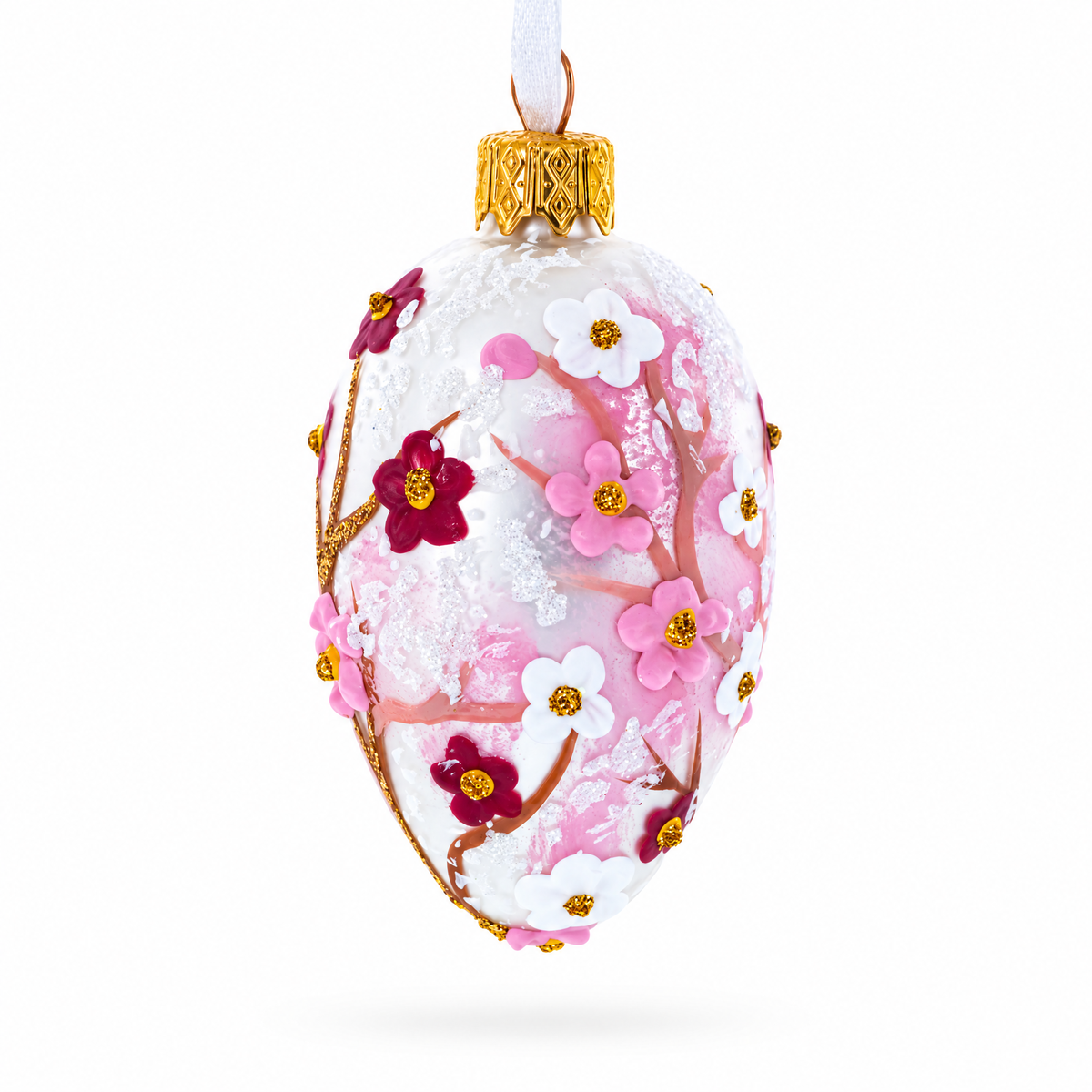 Pearl White with Pink Blossom Tree Design Mini Glass Egg Ornament 2.9 Inches