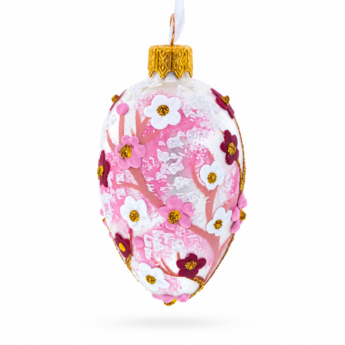 Pearl White with Pink Blossom Tree Design Mini Glass Egg Ornament 2.9 Inches