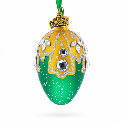 Green with Gold and Clear Jewel Accents Mini Glass Egg Ornament 2.9 Inches