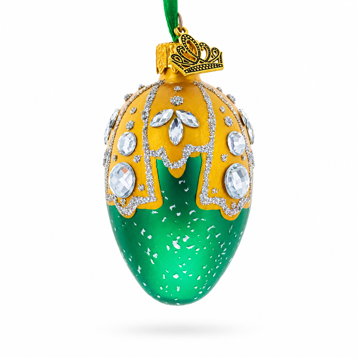 Green with Gold and Clear Jewel Accents Mini Glass Egg Ornament 2.9 Inches