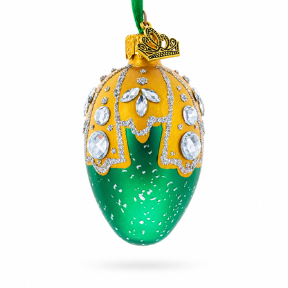 Green with Gold and Clear Jewel Accents Mini Glass Egg Ornament 2.9 Inches