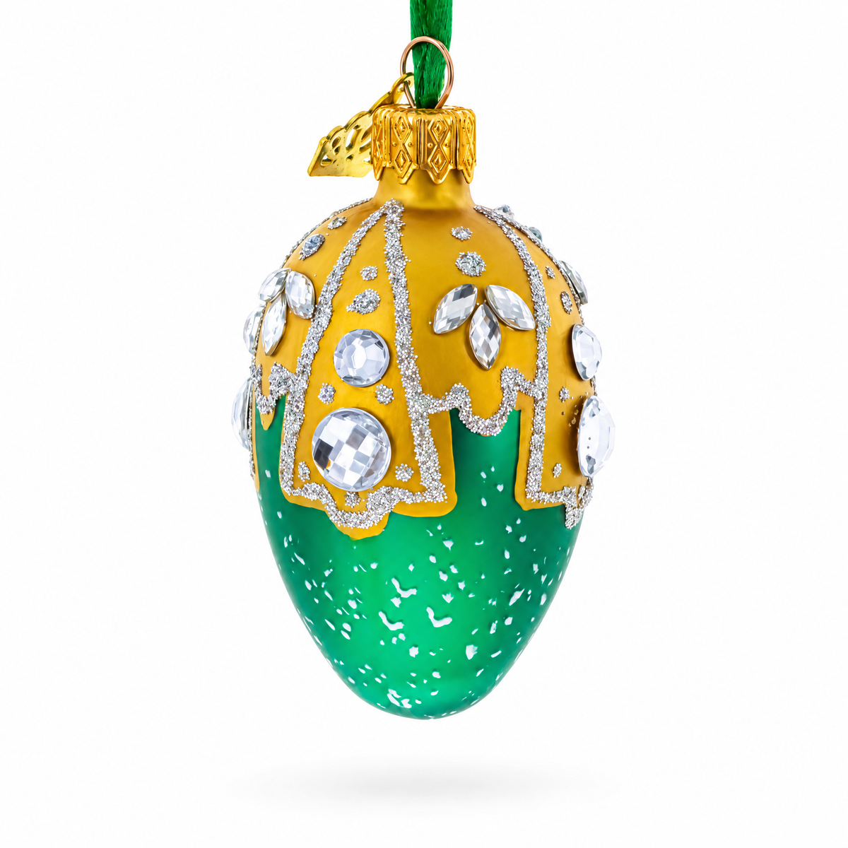 Green with Gold and Clear Jewel Accents Mini Glass Egg Ornament 2.9 Inches