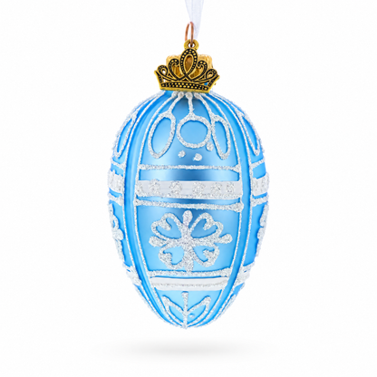 Frosted Blue with White Floral Pattern Mini Glass Egg Ornament 2.9 Inches