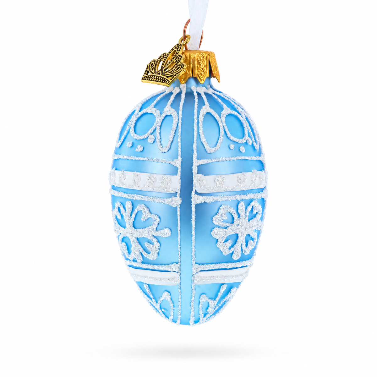 Frosted Blue with White Floral Pattern Mini Glass Egg Ornament 2.9 Inches