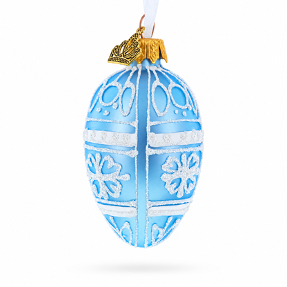 Frosted Blue with White Floral Pattern Mini Glass Egg Ornament 2.9 Inches