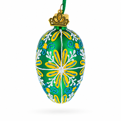 Emerald Green with Blue and Yellow Swirl Floral Mini Glass Egg Ornament 2.9 Inches