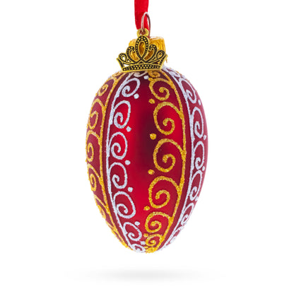 Red with Gold and White Swirl Design Mini Glass Egg Ornament 2.9 Inches