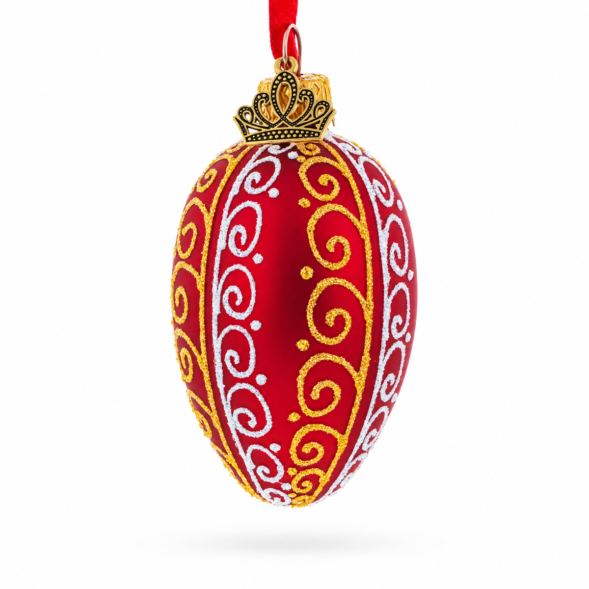 Red with Gold and White Swirl Design Mini Glass Egg Ornament 2.9 Inches