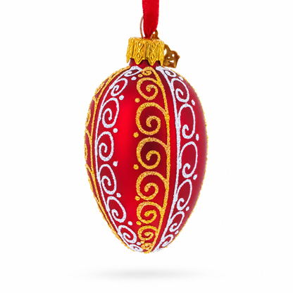 Red with Gold and White Swirl Design Mini Glass Egg Ornament 2.9 Inches