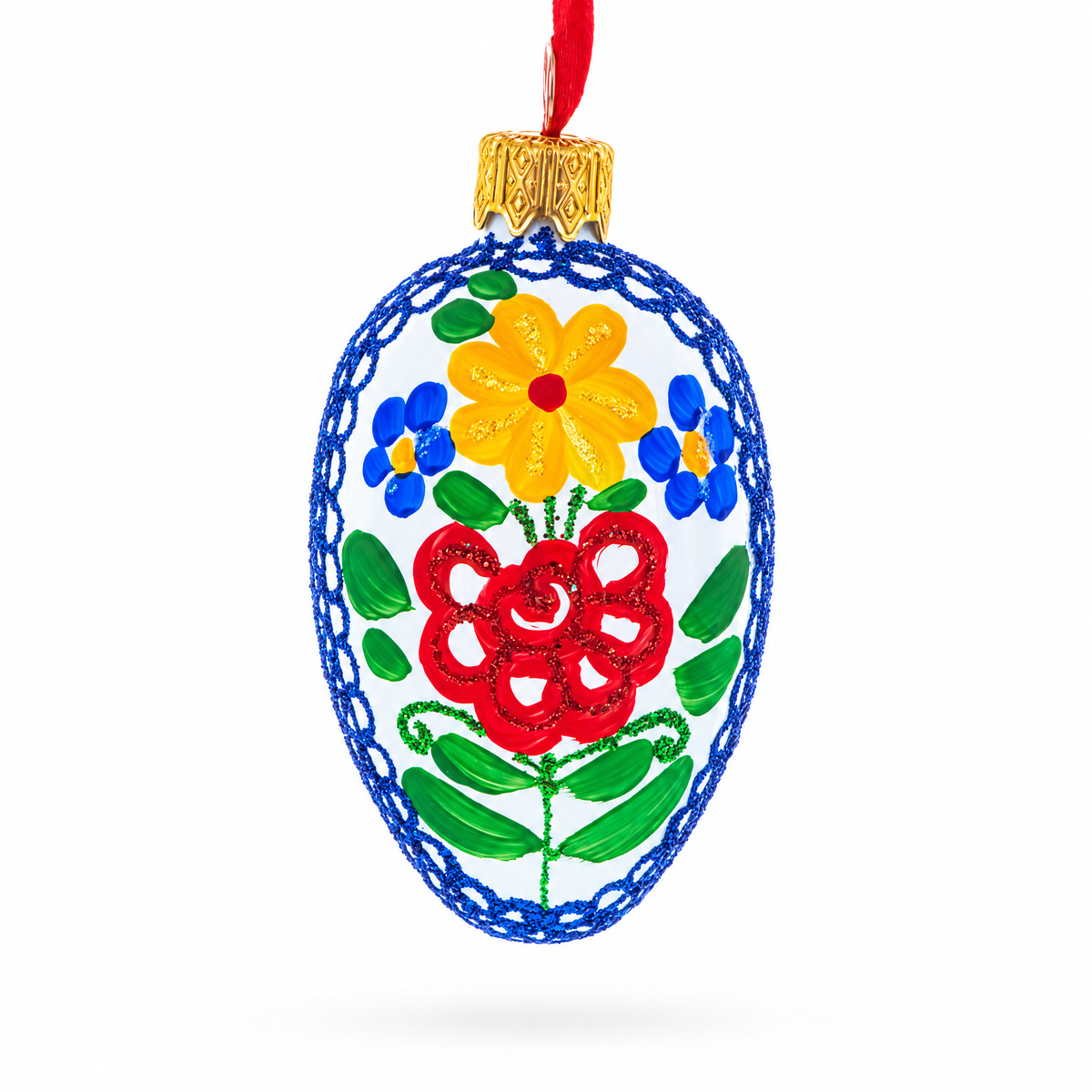 White with Multicolor Floral and Blue Lace Accents Mini Glass Egg Ornament 2.9 Inches