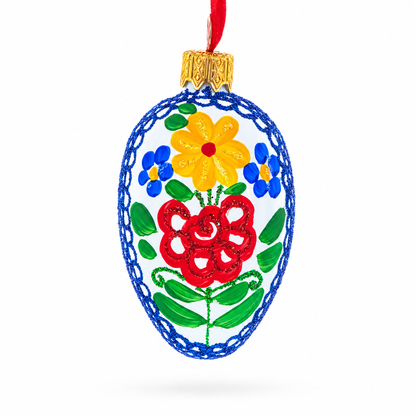 White with Multicolor Floral and Blue Lace Accents Mini Glass Egg Ornament 2.9 Inches