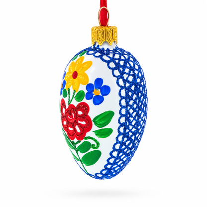 White with Multicolor Floral and Blue Lace Accents Mini Glass Egg Ornament 2.9 Inches