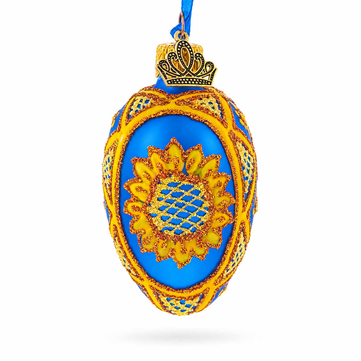Cobalt Blue with Yellow Sunflower and Red Glitter Accents Mini Glass Egg Ornament 2.9 Inches