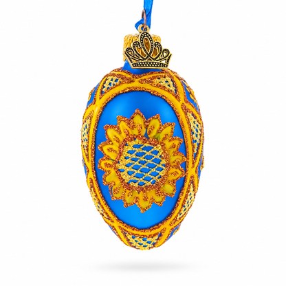 Cobalt Blue with Yellow Sunflower and Red Glitter Accents Mini Glass Egg Ornament 2.9 Inches