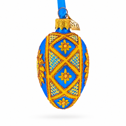 Cobalt Blue with Yellow Sunflower and Red Glitter Accents Mini Glass Egg Ornament 2.9 Inches