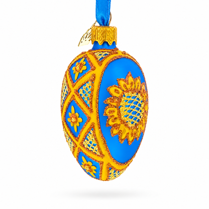 Cobalt Blue with Yellow Sunflower and Red Glitter Accents Mini Glass Egg Ornament 2.9 Inches