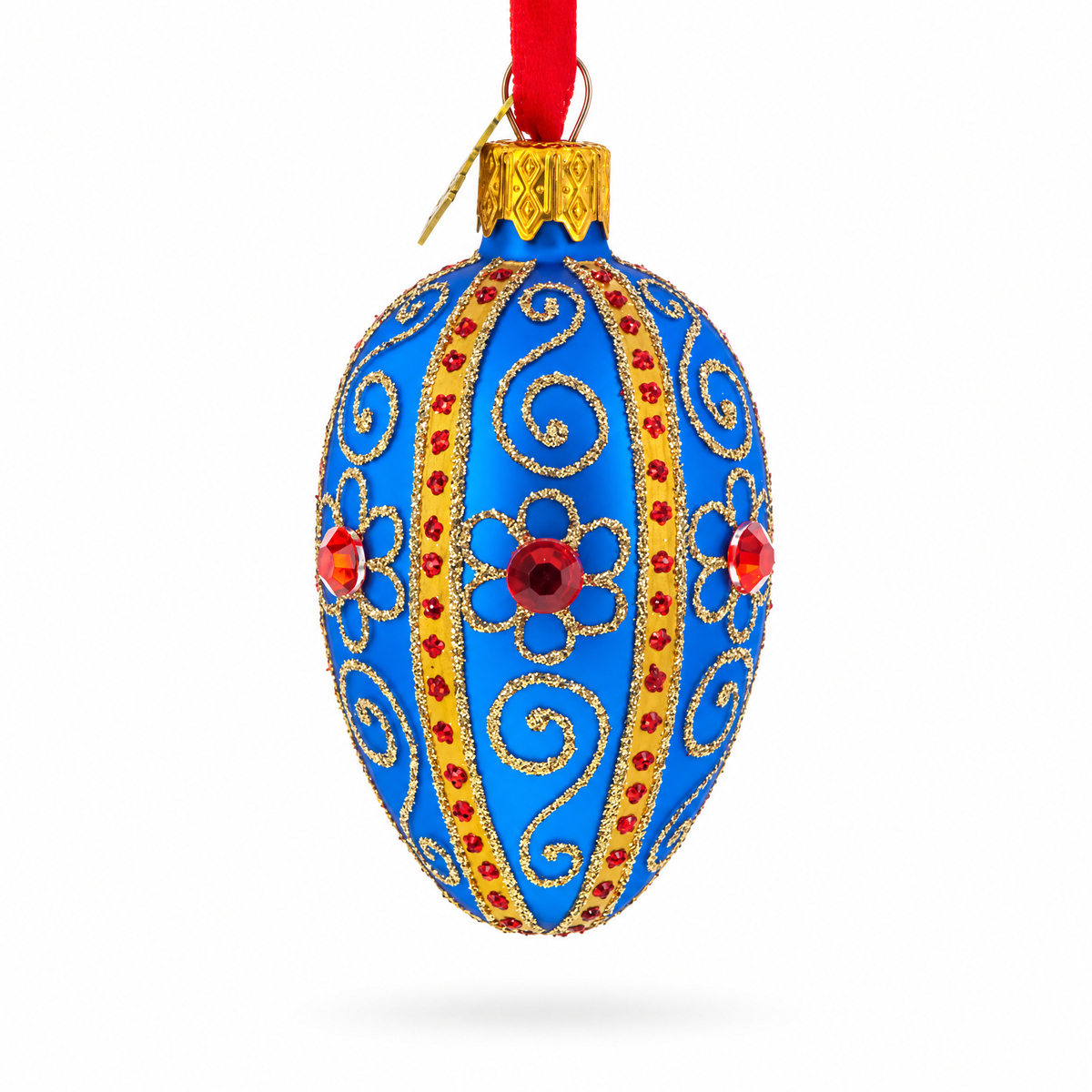Royal Blue with Gold and Red Gem Accents Mini Glass Egg Ornament 2.9 Inches