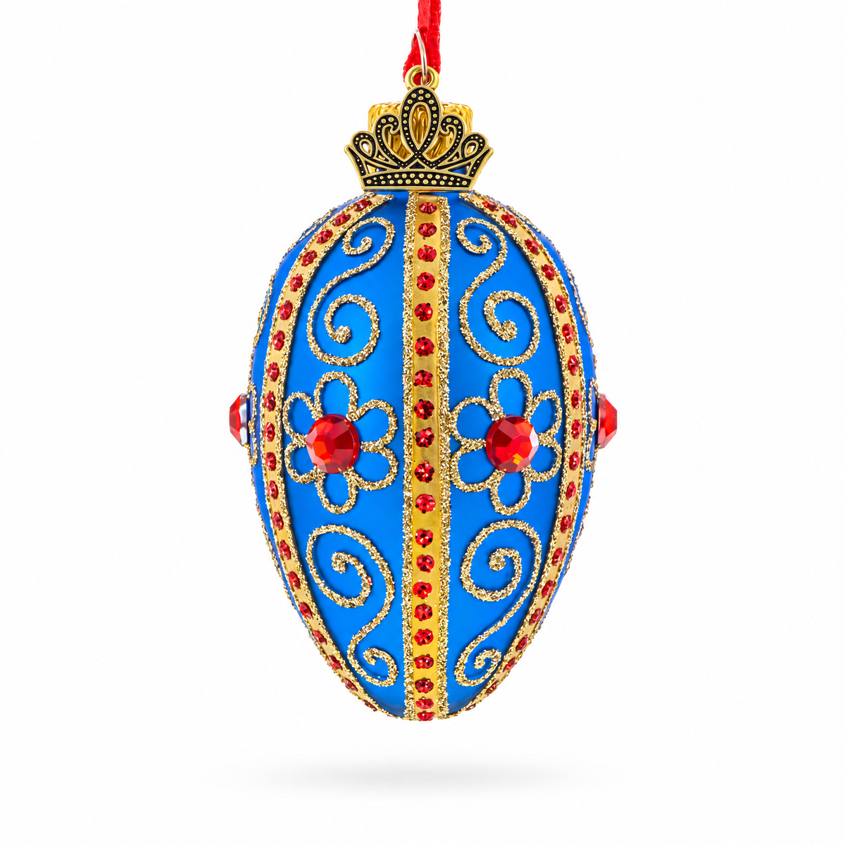 Royal Blue with Gold and Red Gem Accents Mini Glass Egg Ornament 2.9 Inches
