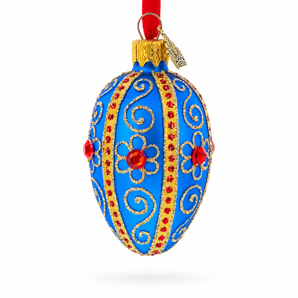 Royal Blue with Gold and Red Gem Accents Mini Glass Egg Ornament 2.9 Inches