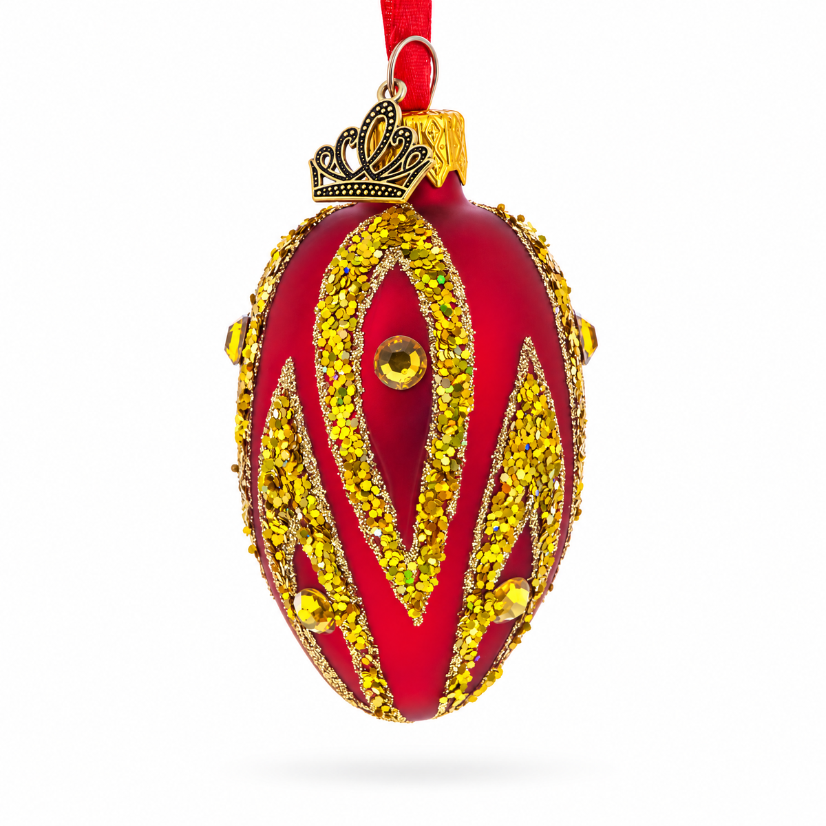 Red with Gold and Green Glitter Flame Design Mini Glass Egg Ornament 2.9 Inches