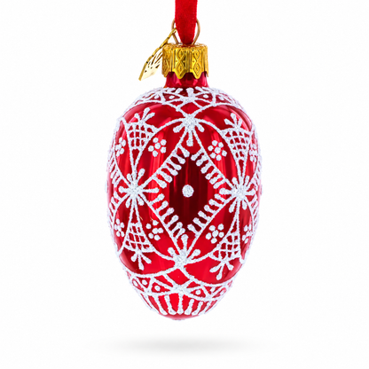 Red with White Glitter Snowflake Lace Design Mini Glass Egg Ornament 2.9 Inches