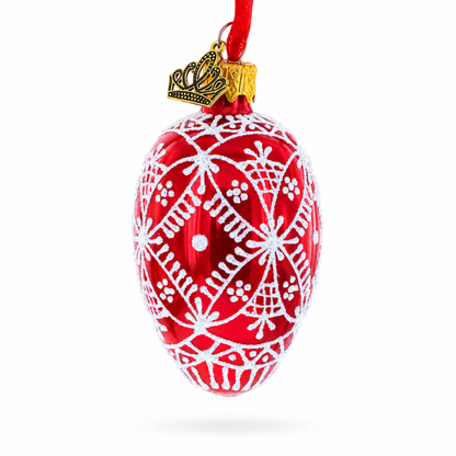 Red with White Glitter Snowflake Lace Design Mini Glass Egg Ornament 2.9 Inches