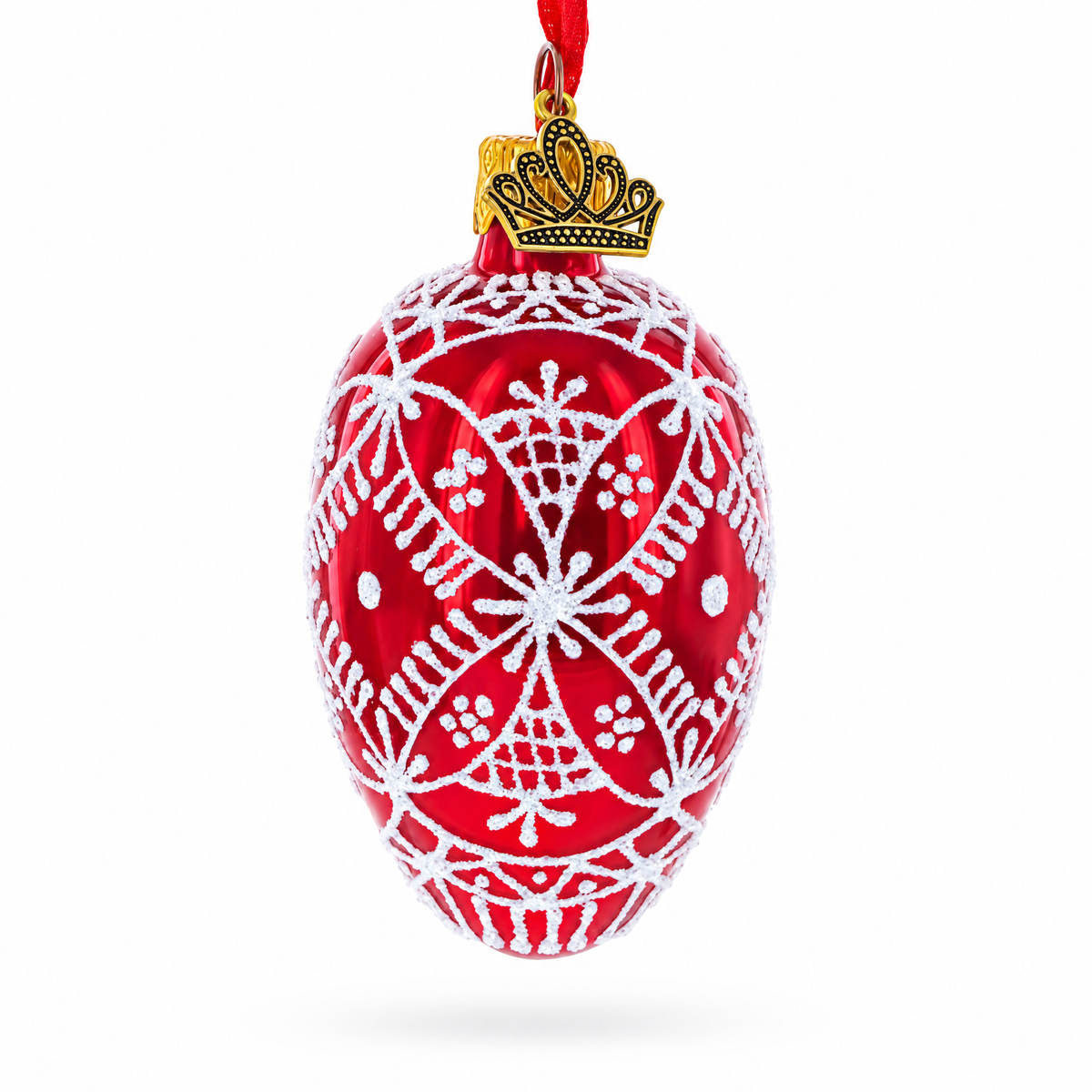 Red with White Glitter Snowflake Lace Design Mini Glass Egg Ornament 2.9 Inches