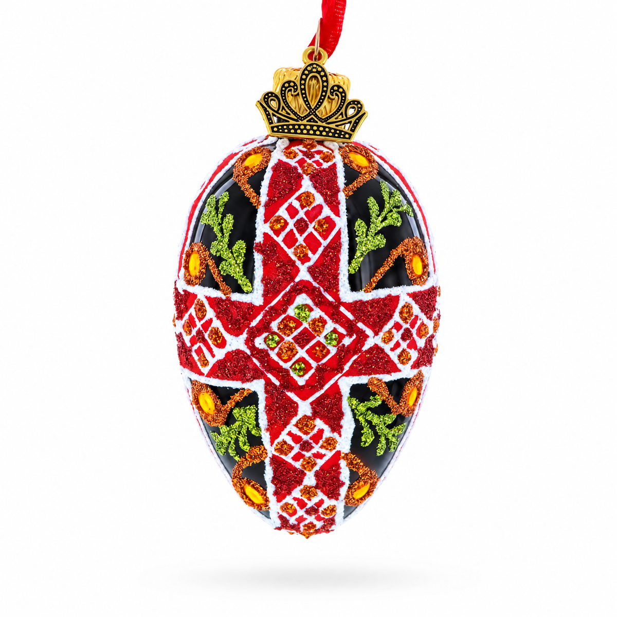 Black with Red, Green, and Gold Glitter Cross Pattern Mini Glass Egg Ornament 2.9 Inches