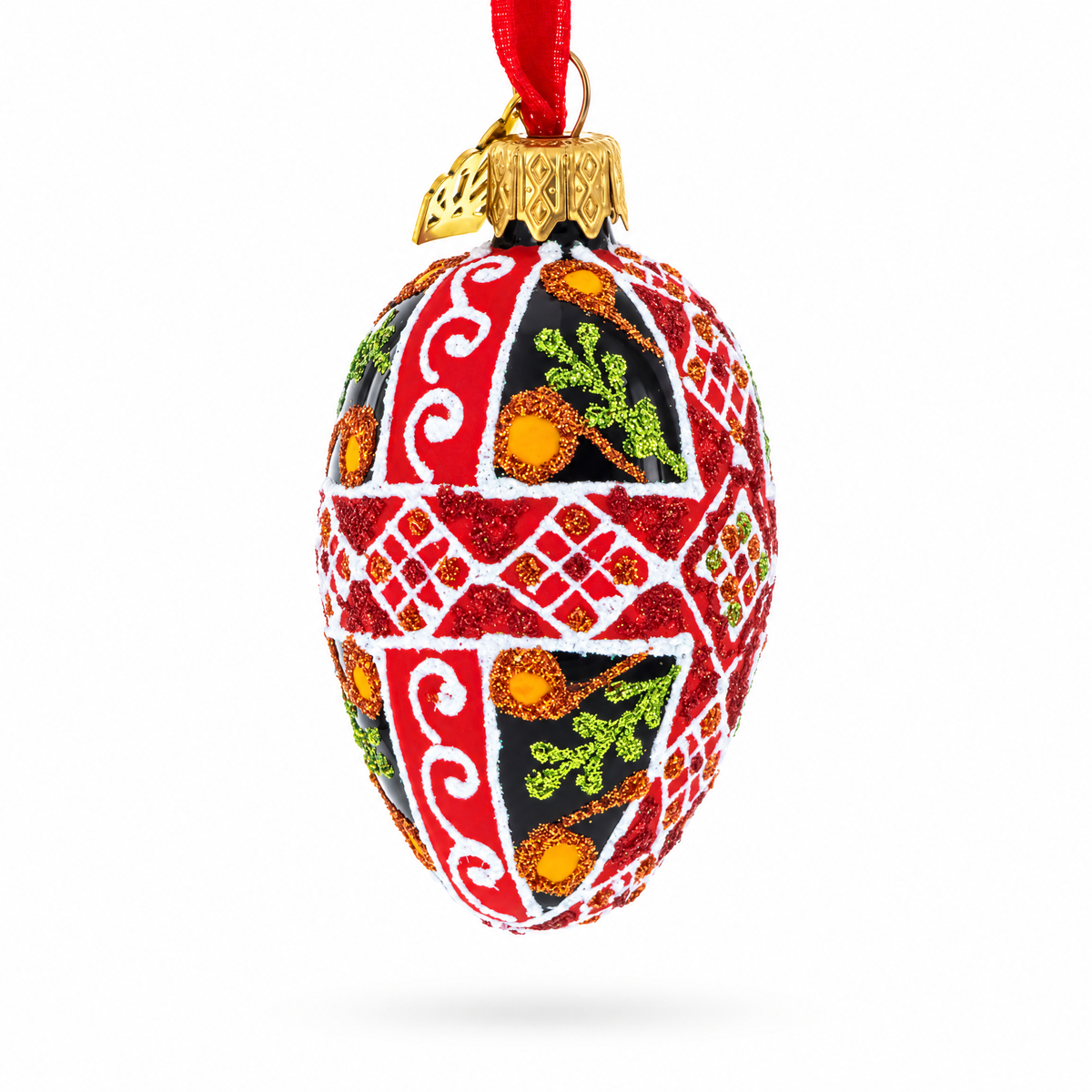 Black with Red, Green, and Gold Glitter Cross Pattern Mini Glass Egg Ornament 2.9 Inches