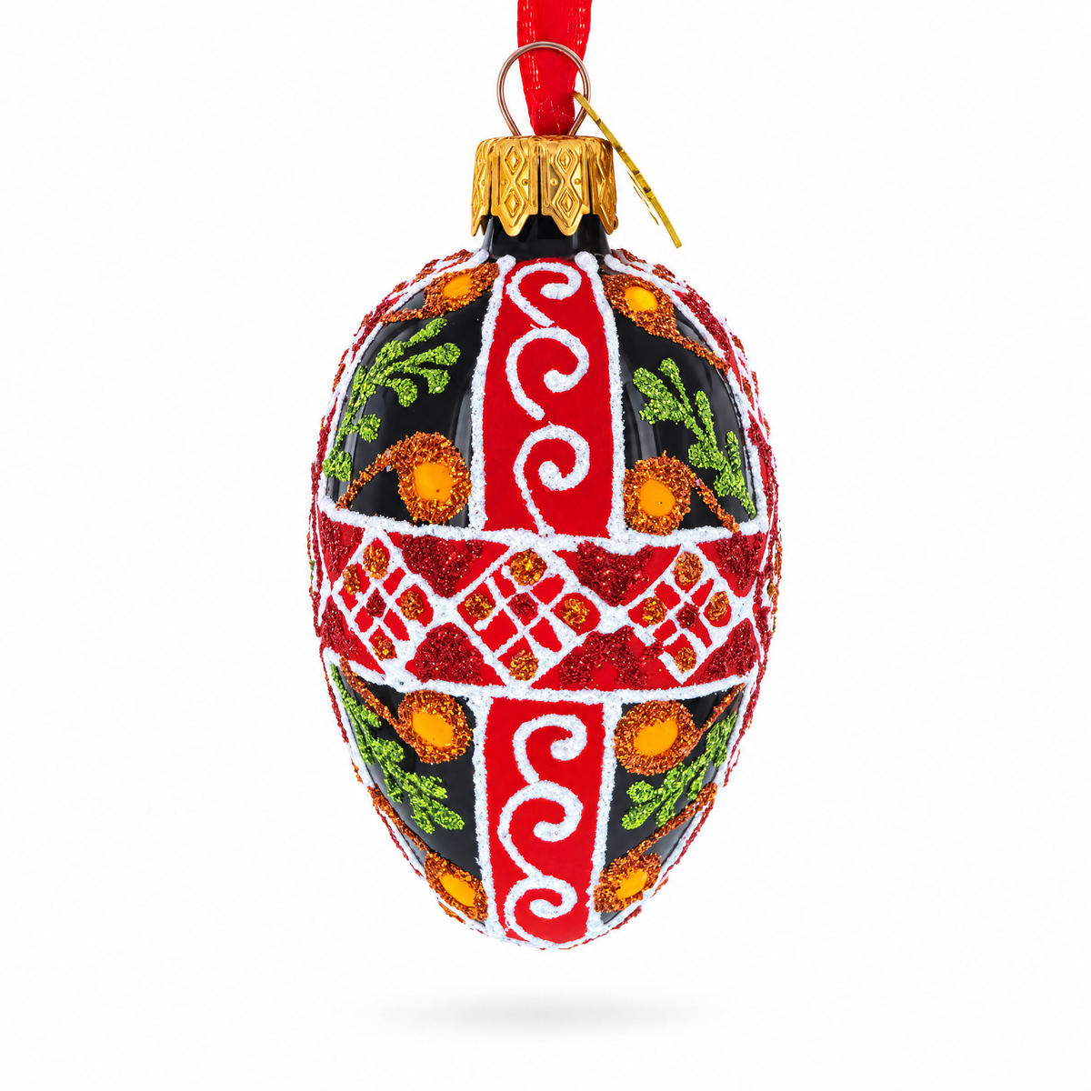 Black with Red, Green, and Gold Glitter Cross Pattern Mini Glass Egg Ornament 2.9 Inches