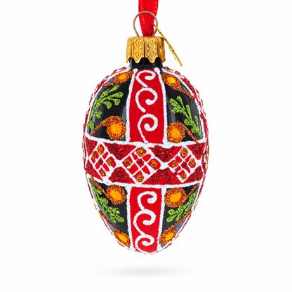 Black with Red, Green, and Gold Glitter Cross Pattern Mini Glass Egg Ornament 2.9 Inches