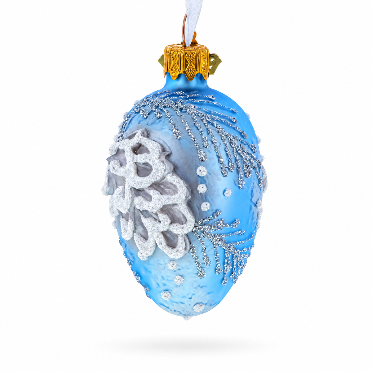 Icy Blue with Silver Pinecone and Snow Design Mini Glass Egg Ornament 2.9 Inches