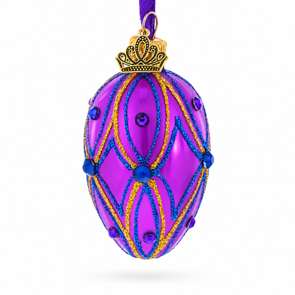 Vibrant Purple with Blue and Gold Glitter Gem Accents Mini Glass Egg Ornament 2.9 Inches