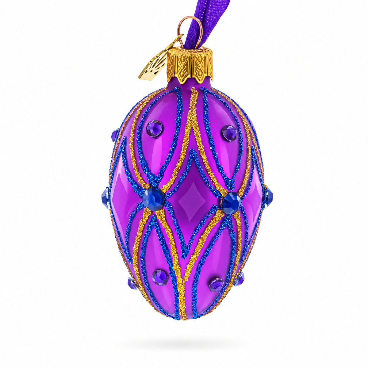 Vibrant Purple with Blue and Gold Glitter Gem Accents Mini Glass Egg Ornament 2.9 Inches