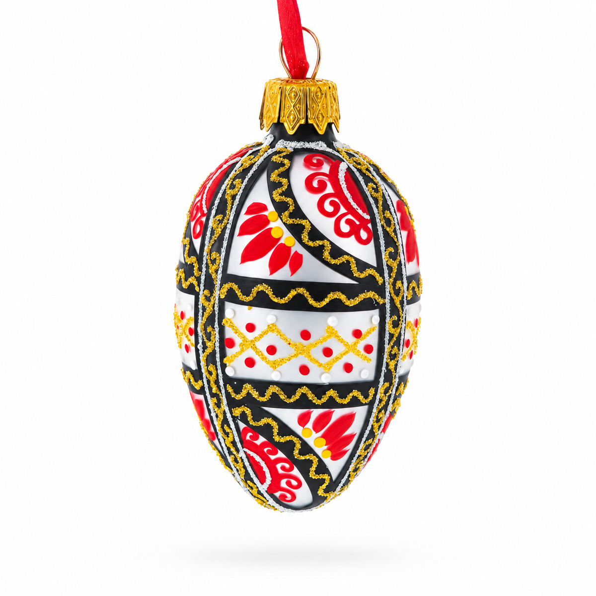 Ukrainian Geometric Red and Gold Mini Glass Egg Ornament 2.9 Inches