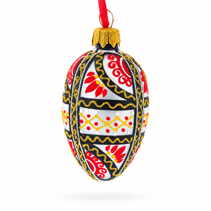 Ukrainian Geometric Red and Gold Mini Glass Egg Ornament 2.9 Inches