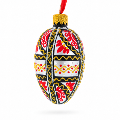 Ukrainian Geometric Red and Gold Mini Glass Egg Ornament 2.9 Inches