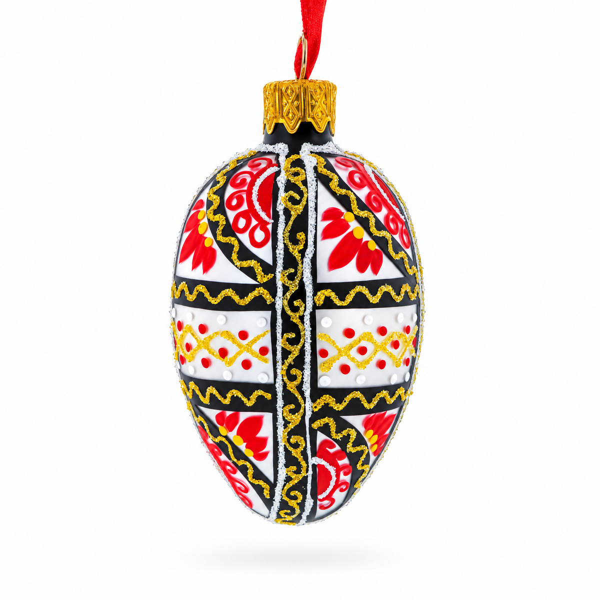 Ukrainian Geometric Red and Gold Mini Glass Egg Ornament 2.9 Inches