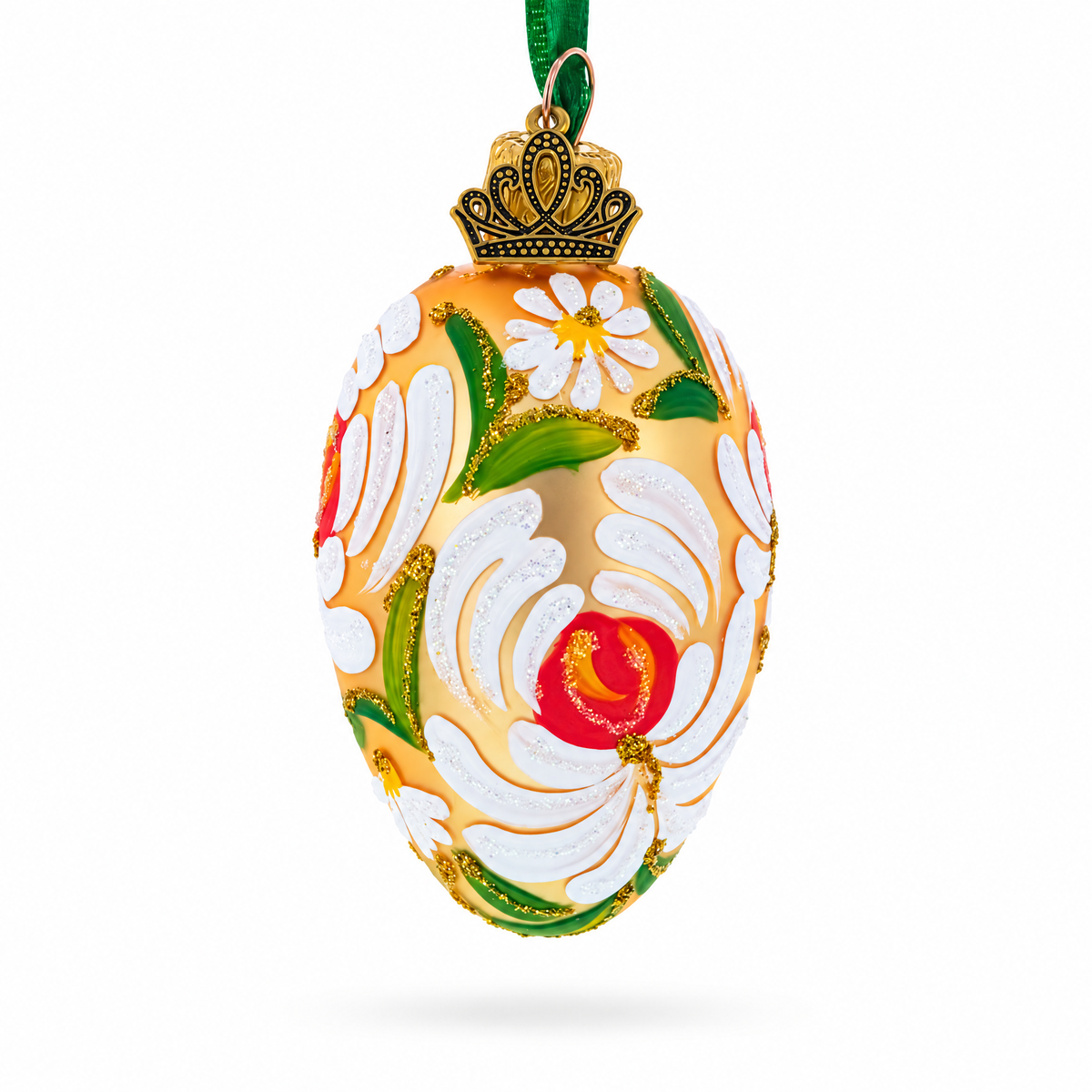 Golden with White and Orange Floral Swirl Design Mini Glass Egg Ornament 2.9 Inches