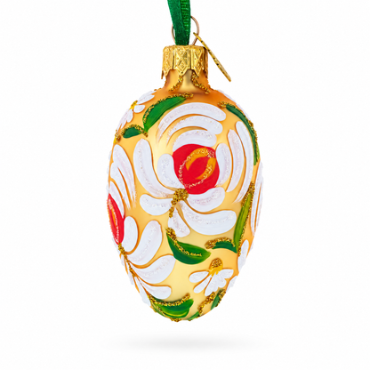 Golden with White and Orange Floral Swirl Design Mini Glass Egg Ornament 2.9 Inches