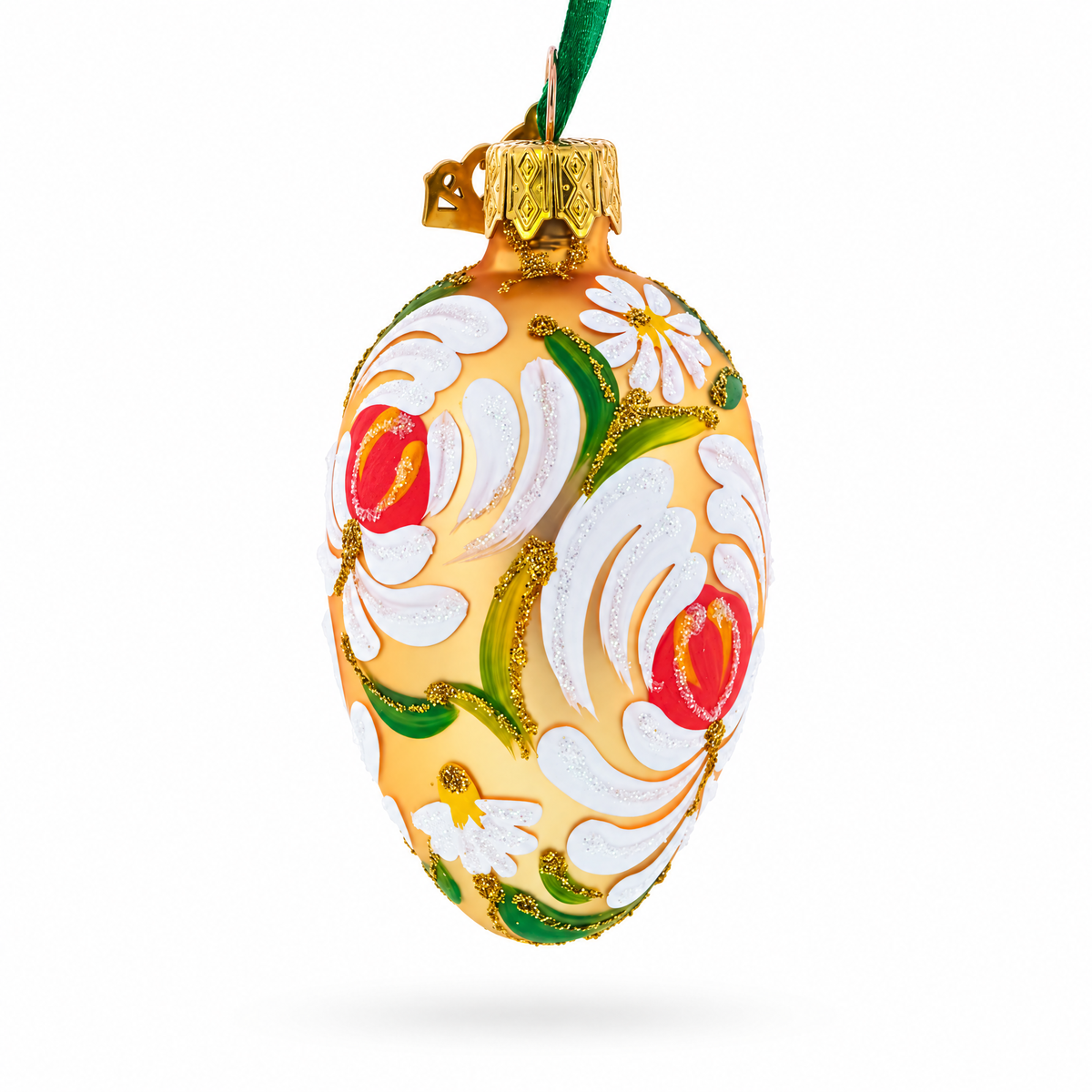 Golden with White and Orange Floral Swirl Design Mini Glass Egg Ornament 2.9 Inches