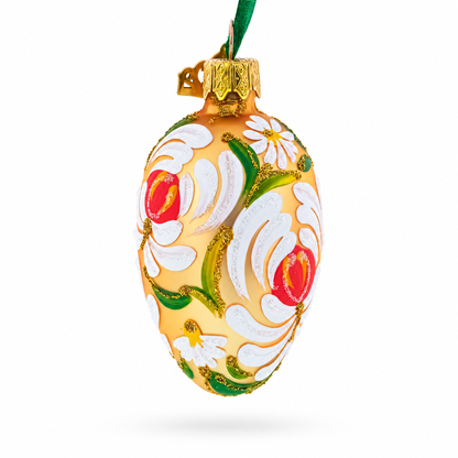 Golden with White and Orange Floral Swirl Design Mini Glass Egg Ornament 2.9 Inches