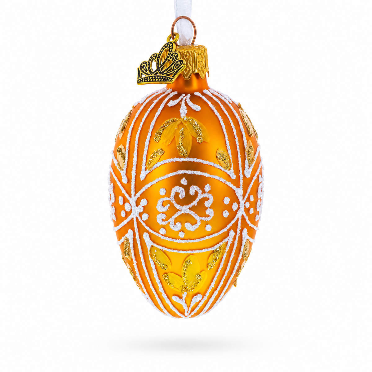 Amber Gold with White and Gold Filigree Design Mini Glass Egg Ornament 2.9 Inches