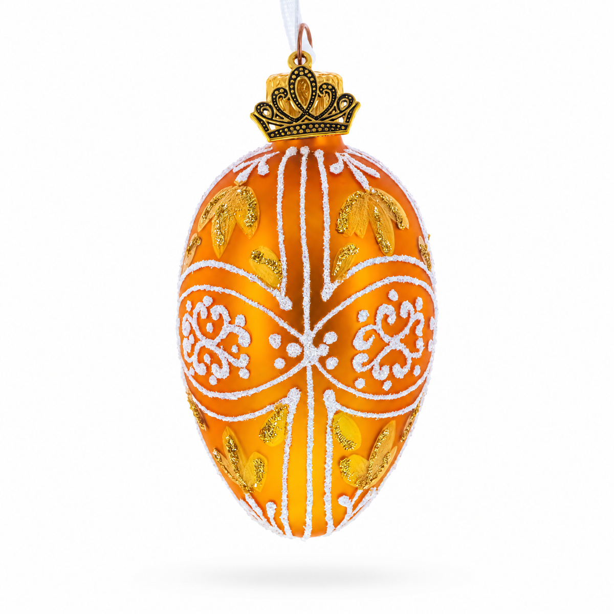 Amber Gold with White and Gold Filigree Design Mini Glass Egg Ornament 2.9 Inches