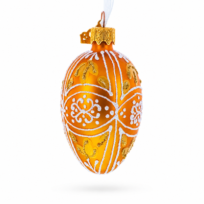 Amber Gold with White and Gold Filigree Design Mini Glass Egg Ornament 2.9 Inches
