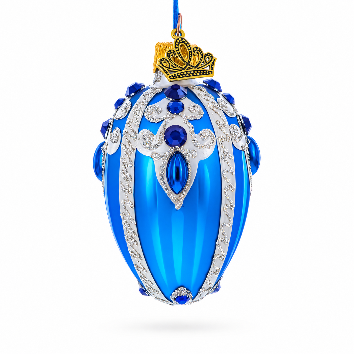 Royal Blue with Silver Glitter and Gem Accents Mini Glass Egg Ornament 2.9 Inches