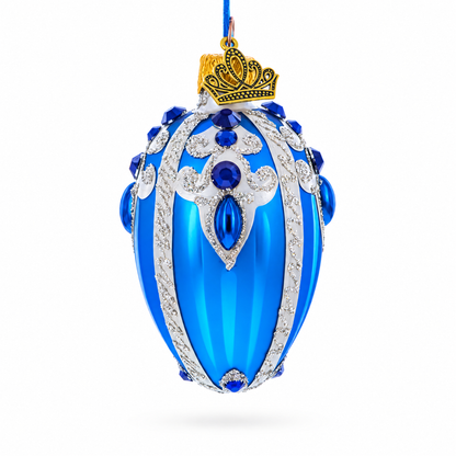 Royal Blue with Silver Glitter and Gem Accents Mini Glass Egg Ornament 2.9 Inches